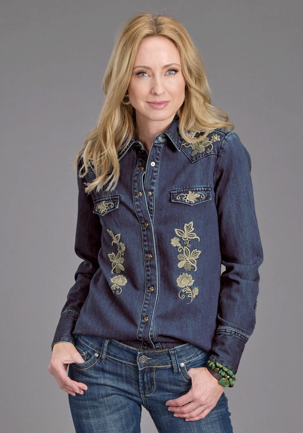 Stetson Womens Floral Embroidery Dark Denim Tencel/Rayon L/S Shirt Subtle patterns Beach Ready