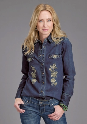 Stetson Womens Floral Embroidery Dark Denim Tencel/Rayon L/S Shirt Micro Perforated Texture Solid Color