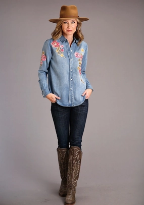 Glossy Texture Anti Pill Treatment Stetson Womens Floral Front Blue Lyocell L/S Shirt