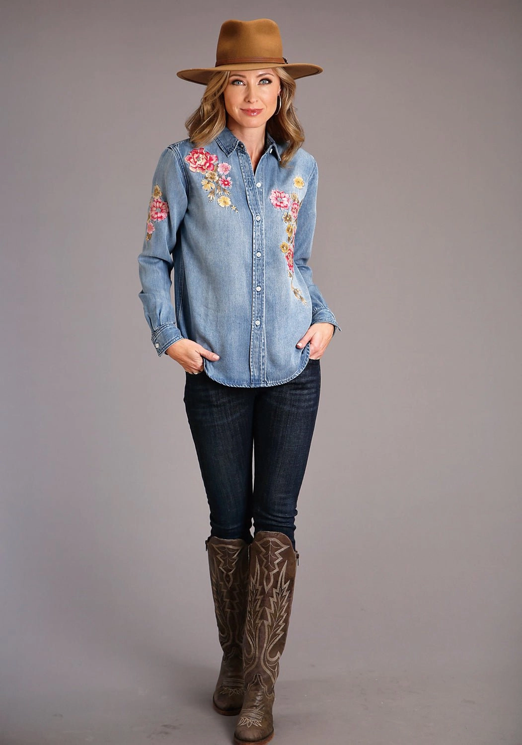 Glossy Texture Anti Pill Treatment Stetson Womens Floral Front Blue Lyocell L/S Shirt