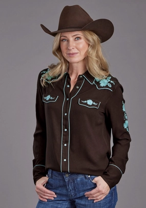 Stetson Womens Floral Retro Western Brown 100% Rayon L/S Shirt Adjustable Cuff Closure Trendy Vibes