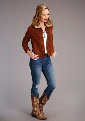 Noise Reduced Fastener System Thermoplastic Elastomer Trim Stetson Womens Ginger Brown Leather Suede Jean Jacket