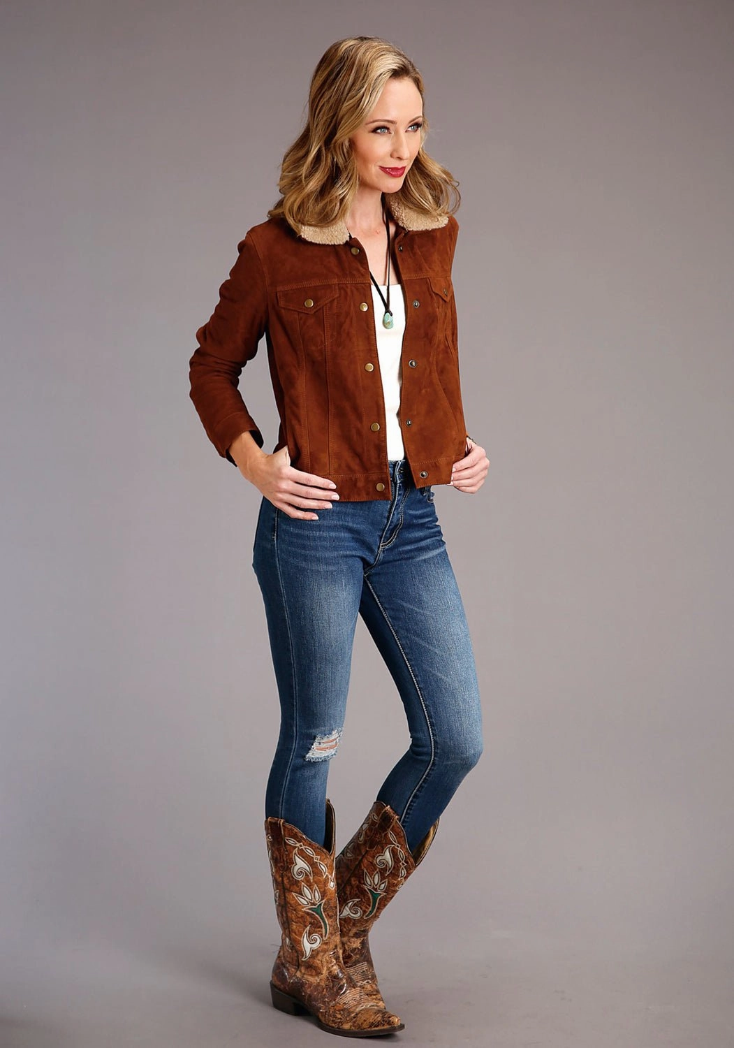 Noise Reduced Fastener System Thermoplastic Elastomer Trim Stetson Womens Ginger Brown Leather Suede Jean Jacket