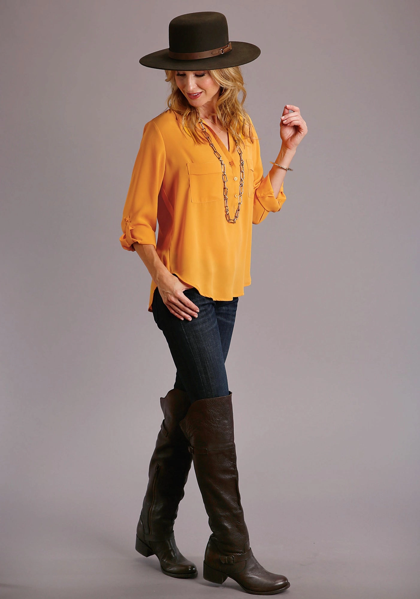 Festival Outfit Stetson Womens Gold Polyester Open V-Collar S/S Blouse