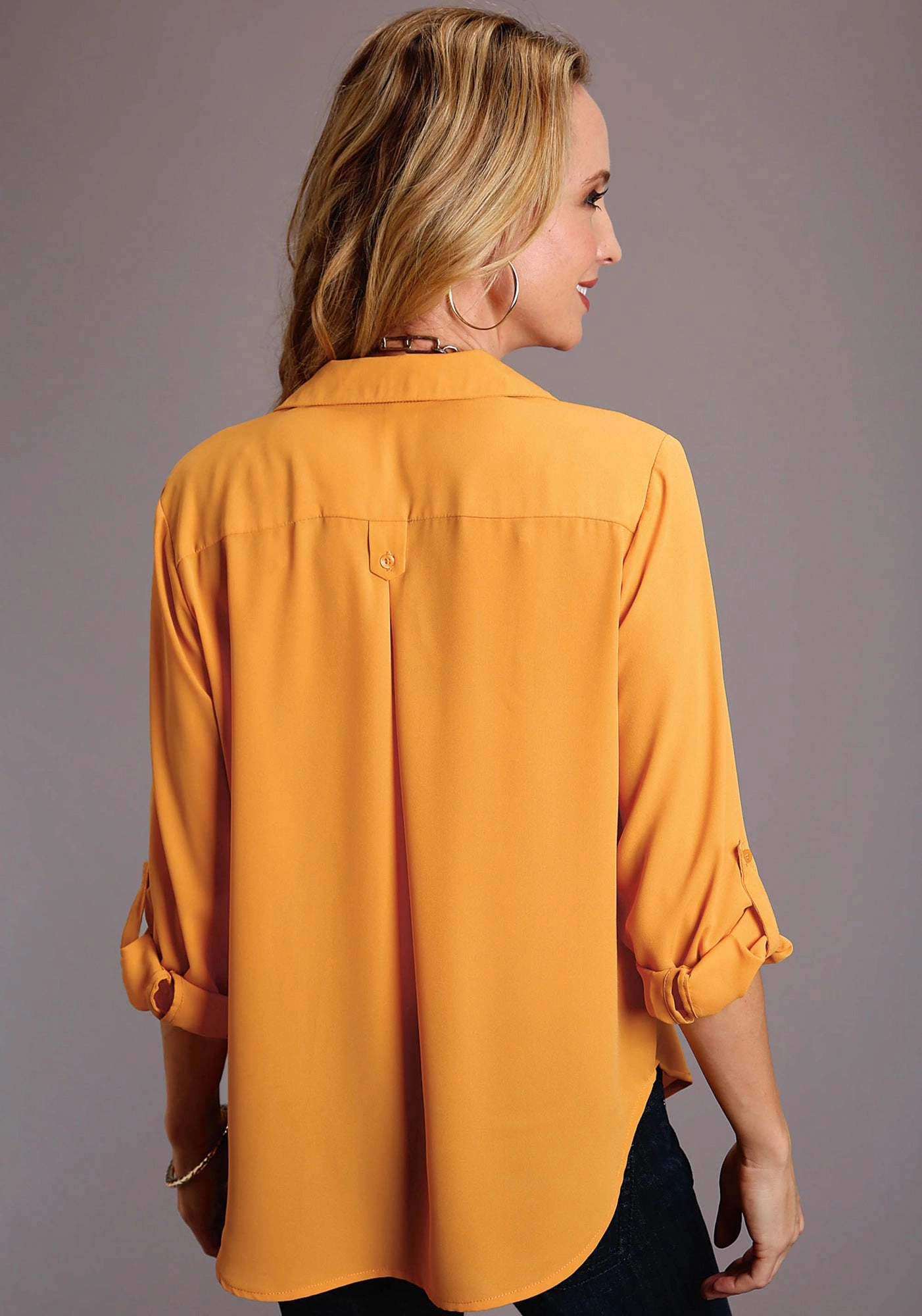 Hidden Button Placket Stetson Womens Gold Polyester Open V-Collar S/S Blouse