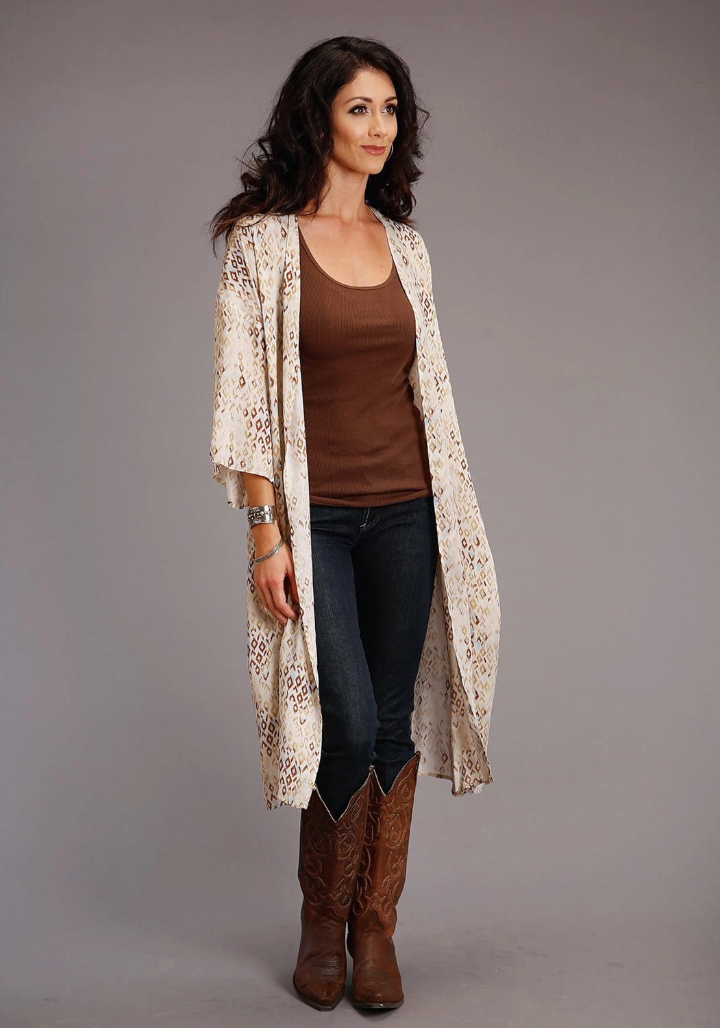 Ergonomic Shoulder Cut Stetson Womens Gold Rayon/Nylon Herringbone Kimono Aztec Cardigan