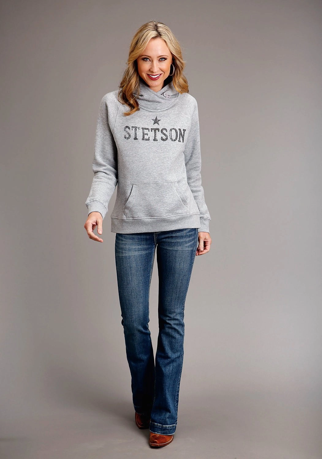 Notch Lapel Stetson Womens Grey Cotton Blend Star In The Middle Hoodie