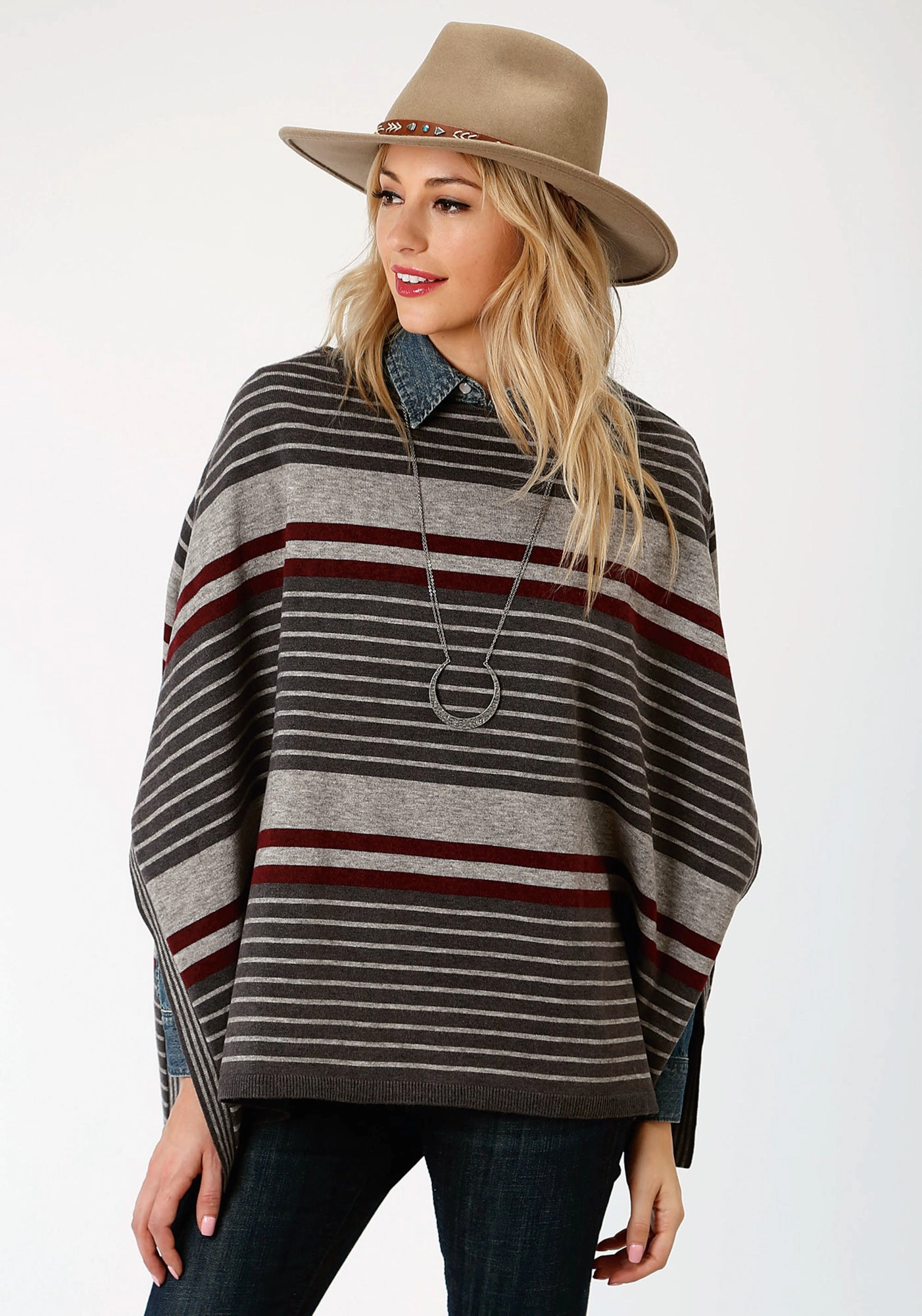 Stetson Womens Grey/Red Ombre Stripe Poncho Comfy Vibes