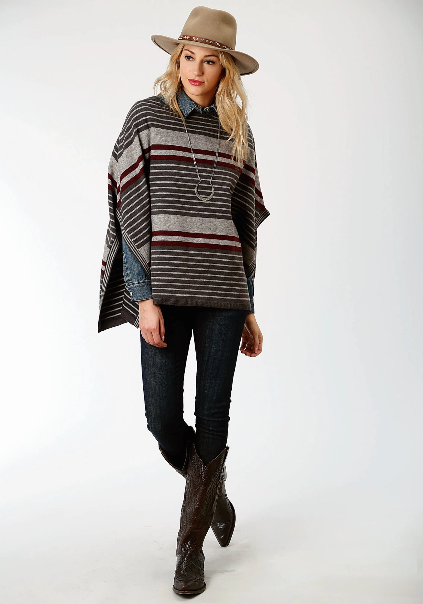 Stetson Womens Grey/Red Ombre Stripe Poncho Adjustable Waistband