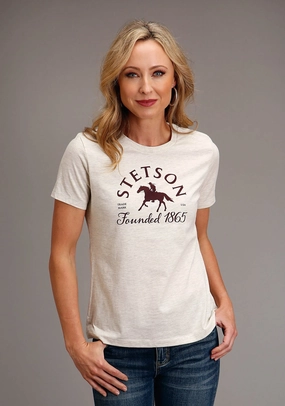 Conference Appropriate Anti-static Stetson Womens Heather Cream Cotton Blend Horse Rider S/S T-Shirt