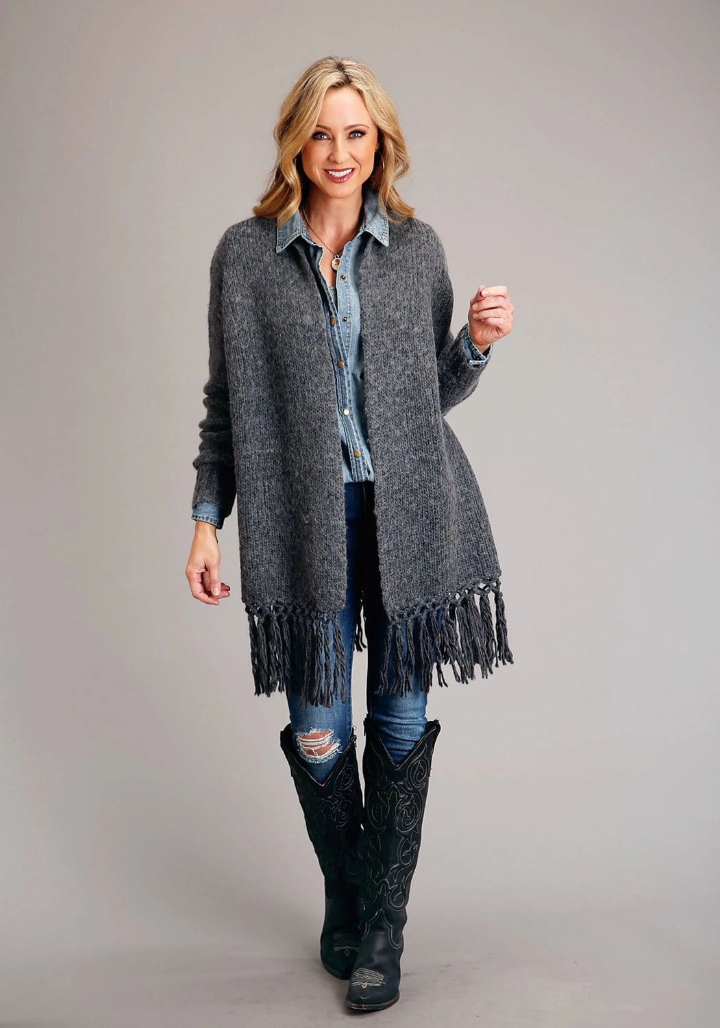 Stetson Womens Heather Fringe Grey Wool Blend Cardigan Sweater Travel Functional Wear Secure Closure Systems