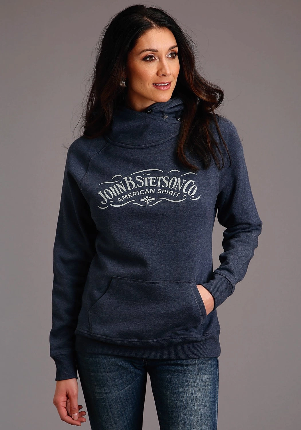 Stetson Womens Heather Navy Cotton Blend American Spirit Hoodie Layered Collar Design Light Weight