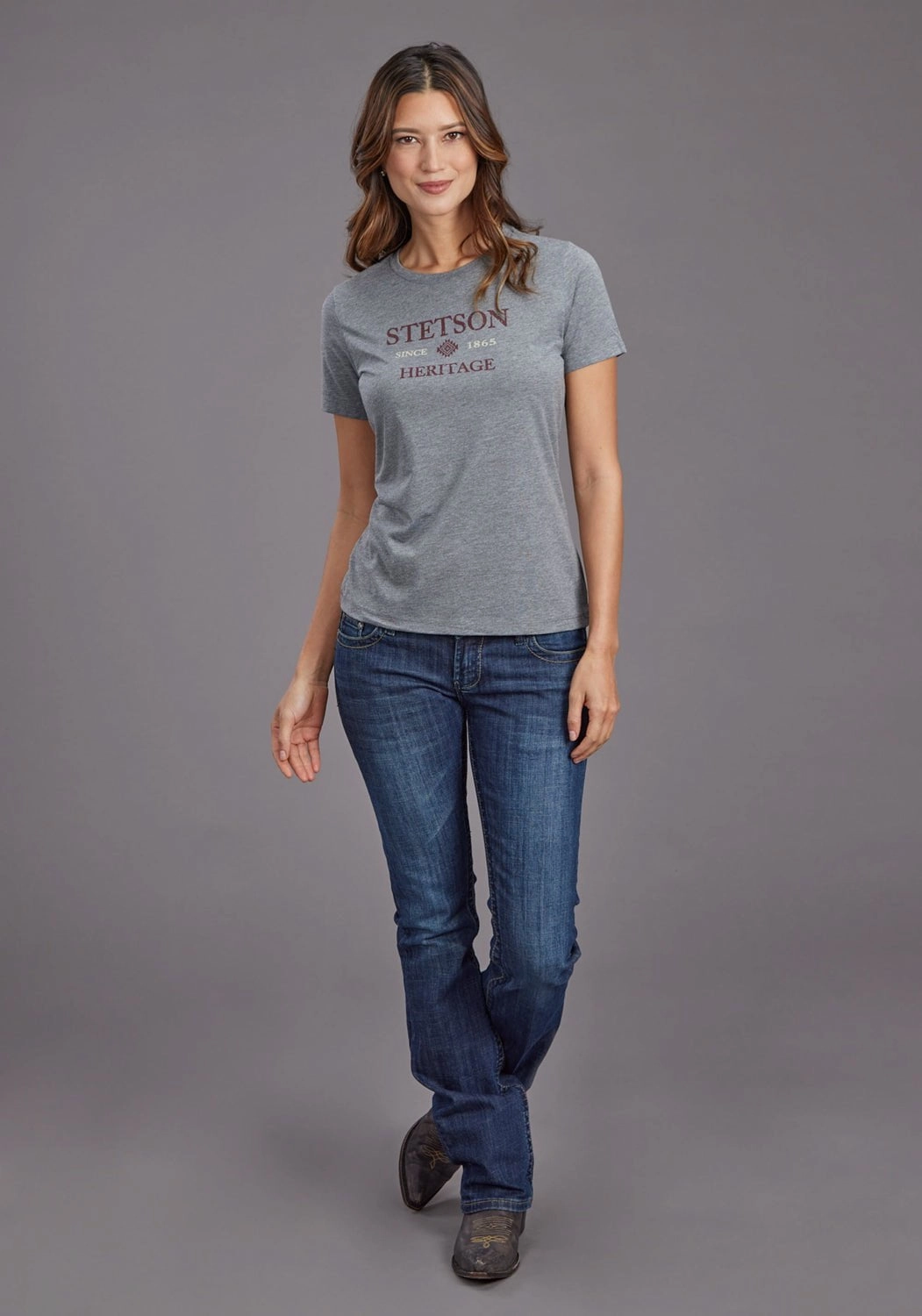 Anniversary Special Runway Inspired Stetson Womens Heritage Aztec Grey Cotton Blend S/S T-Shirt