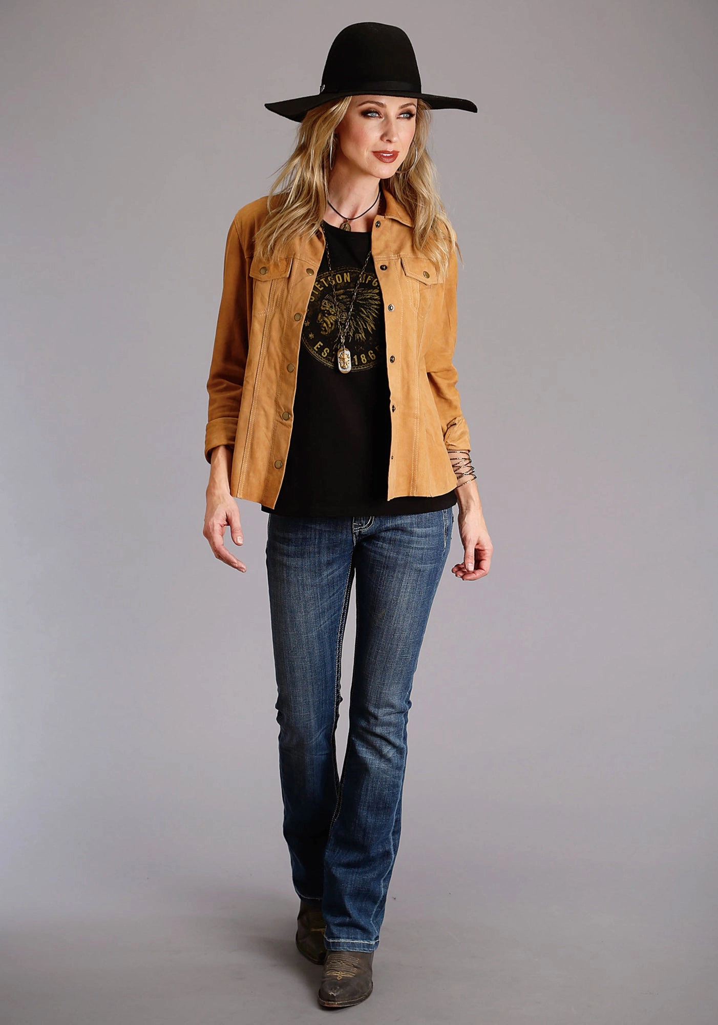 Anti Static Treatment Dynamic Design Stetson Womens Indian Head Coin Black 100% Cotton S/S T-Shirt