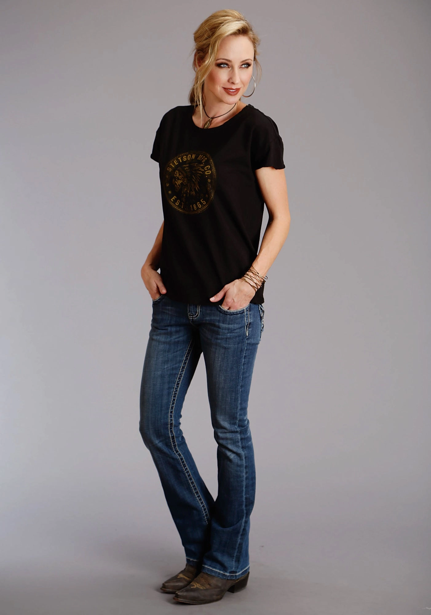 Stetson Womens Indian Head Coin Black 100% Cotton S/S T-Shirt wrinkle free Earthy Hue