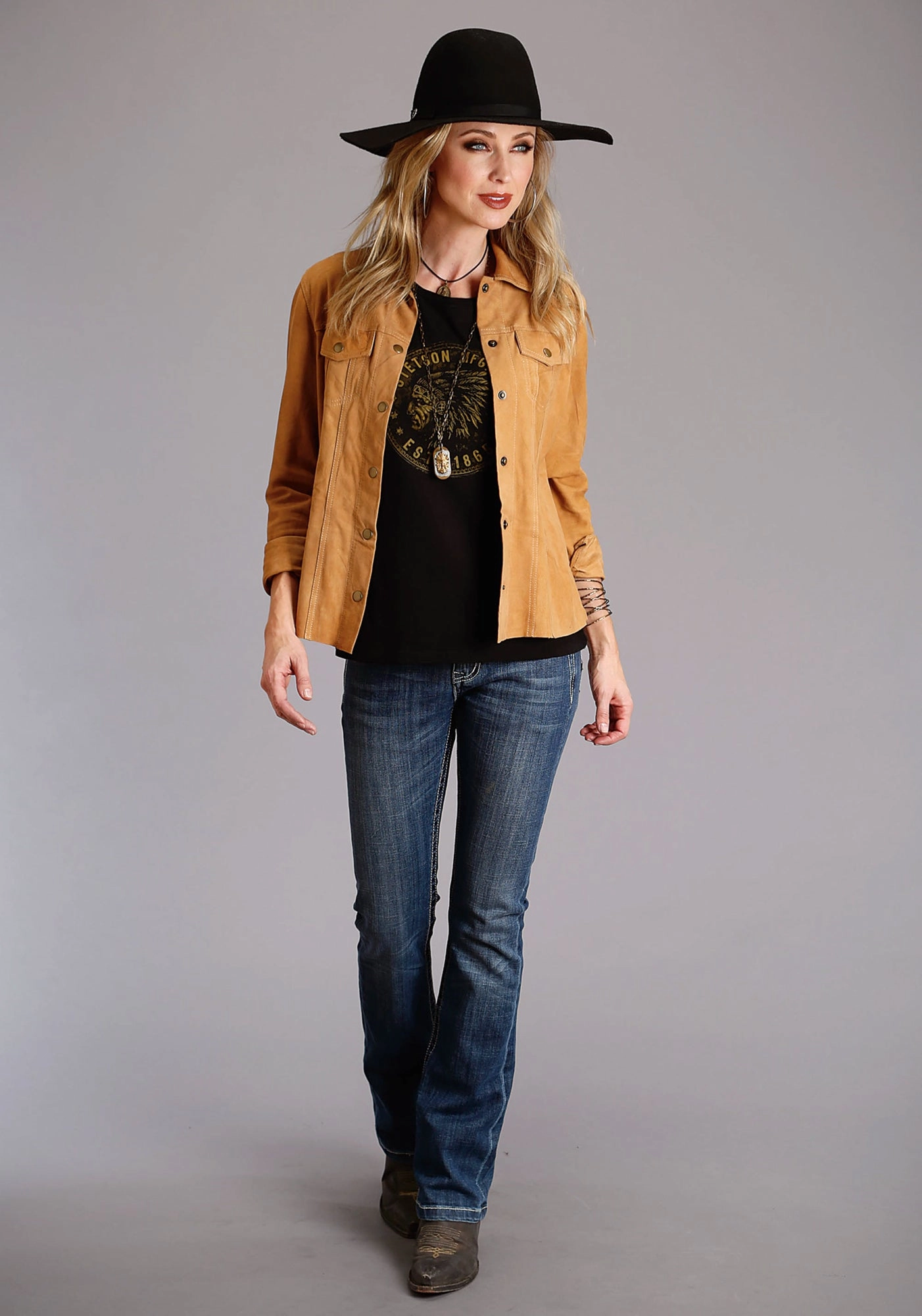 Stretch Fit Technology High-End Look Stetson Womens Indian Head Coin Black 100% Cotton S/S T-Shirt