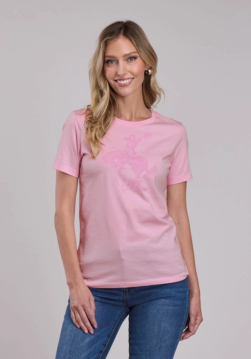 Anti Pilling Surface Unisex style Stetson Womens Lady Bronc Rider Pink 100% Cotton S/S T-Shirt