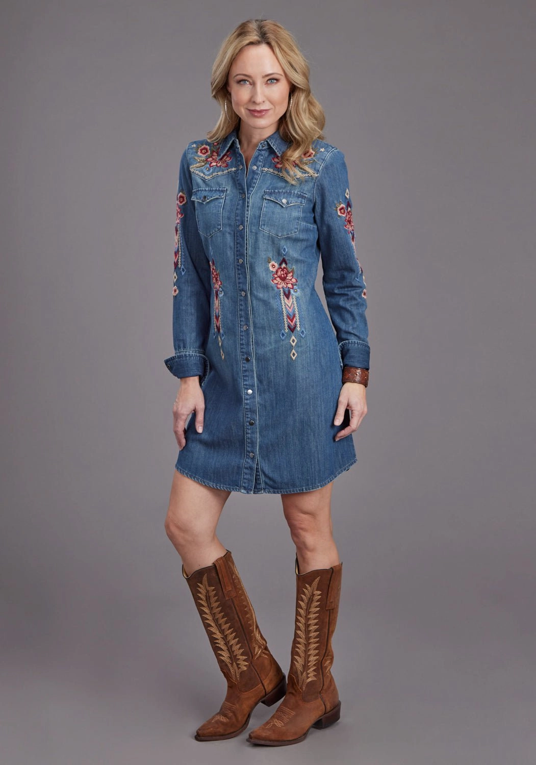 Stetson Womens Lavis Embroidery Shirt Dark Denim 100% Cotton L/S Dress Lightweight Design Multi Look
