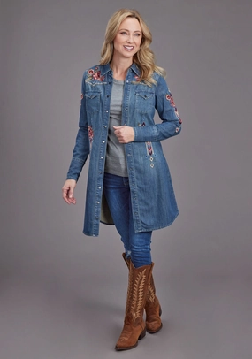 Statement Mood Stetson Womens Lavis Embroidery Shirt Dark Denim 100% Cotton L/S Dress
