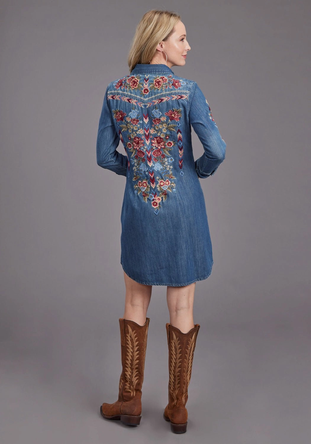 AntiStatic Yarn Slub Texture Stetson Womens Lavis Embroidery Shirt Dark Denim 100% Cotton L/S Dress