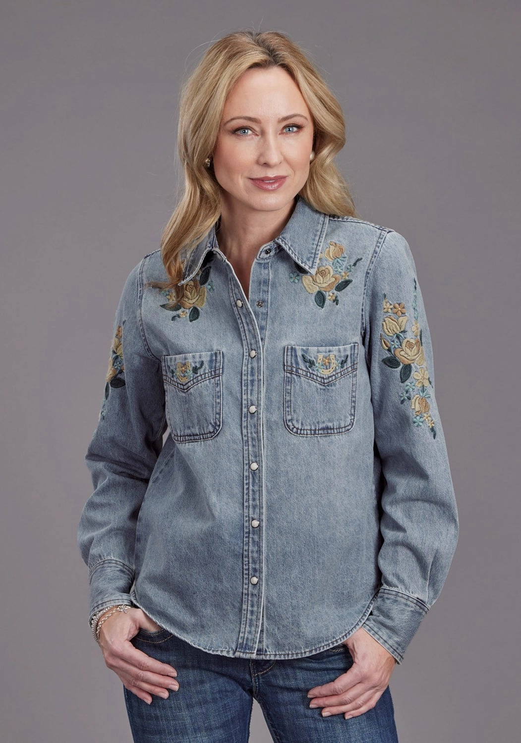 BBQ Party Bold Prints Stetson Womens Loose Fitting Light Denim 100% Cotton L/S Blouse