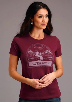 Stetson Womens Maroon 100% Cotton Cowboy Lasso S/S T-Shirt Lightweight Feel Odor Control Fabric