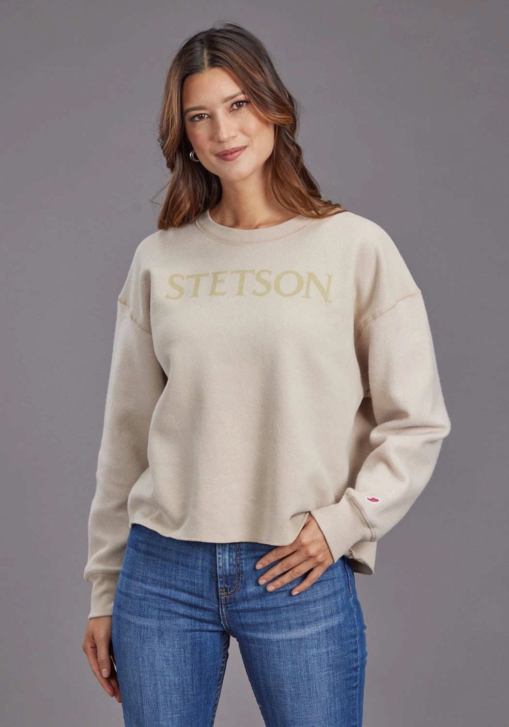 Sporty Chic Durable Color Retention Stetson Womens Midi Length Beige Cotton Blend Pullover Sweater