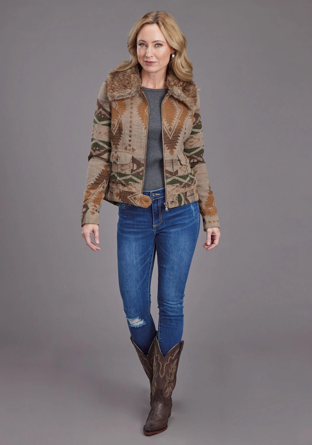 Stetson Womens Multi Aztec Fur Brown Poly/Wool Wool Jacket Quick Release Buckle Mechanism