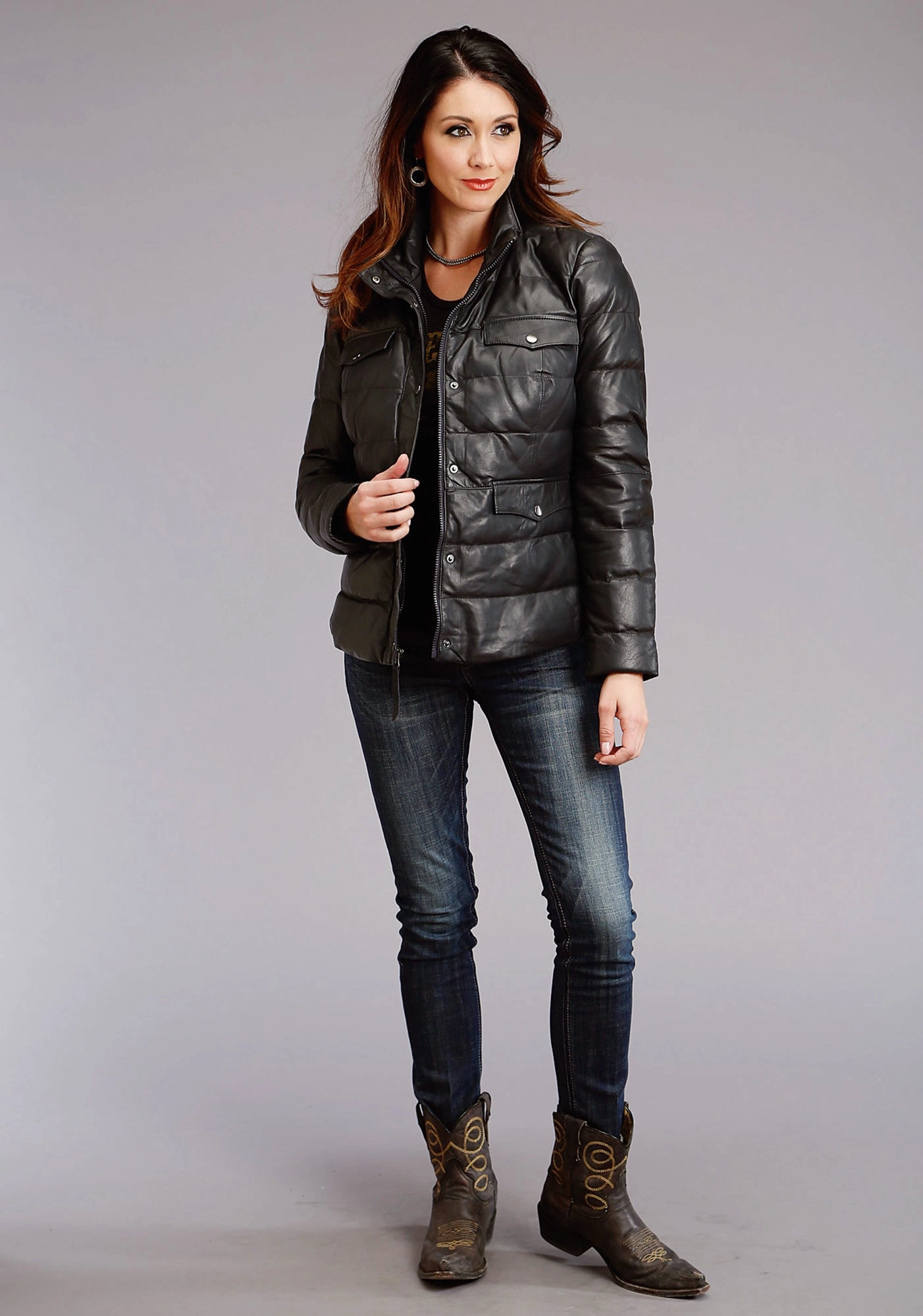 Stetson Womens Navy Lamb Leather Puffy Quilted Jacket Quick Dry Technology Active Urban Layer
