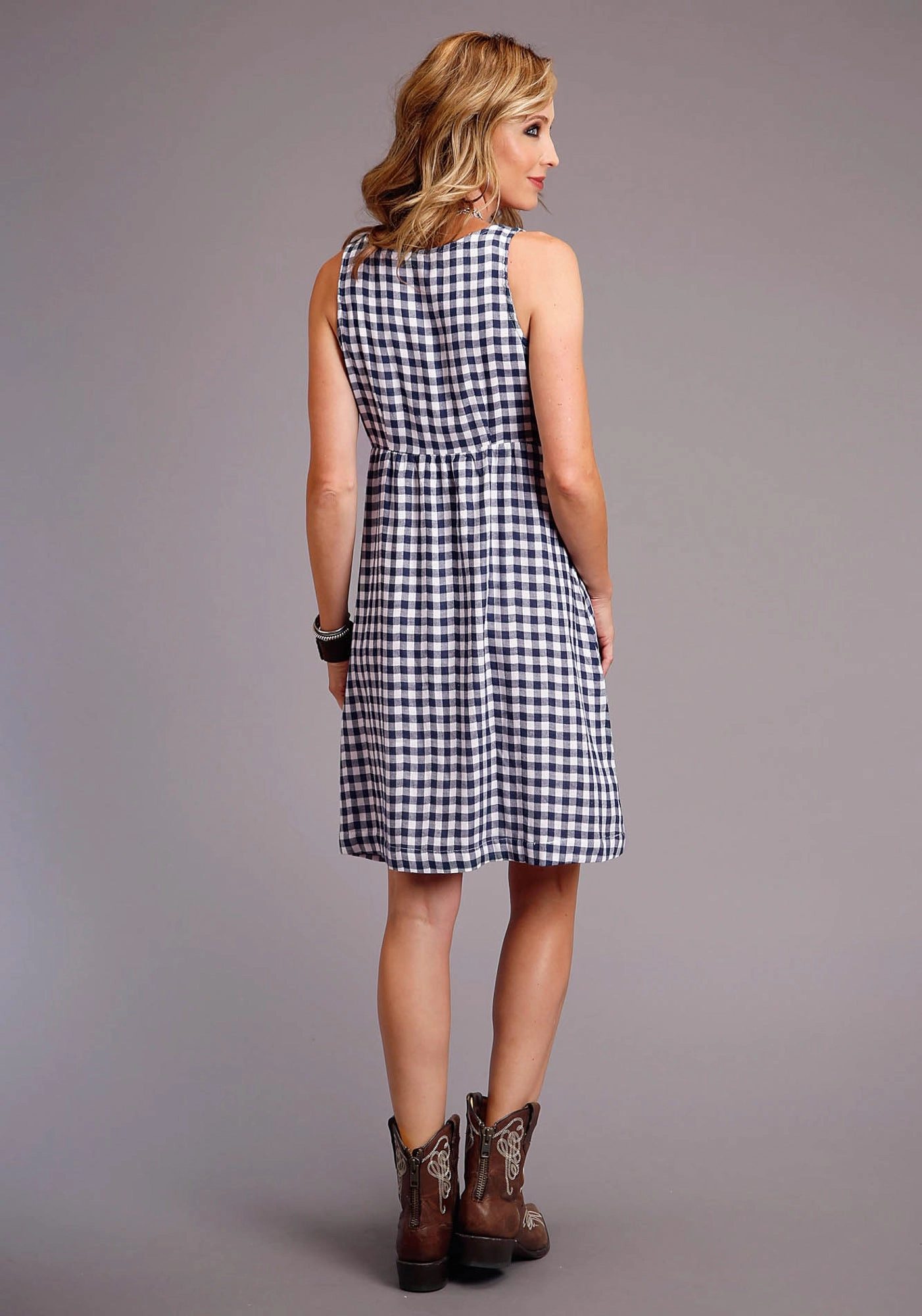 Daily Warmth Stetson Womens Navy/White Cotton Blend Gingham Tank S/L Dress