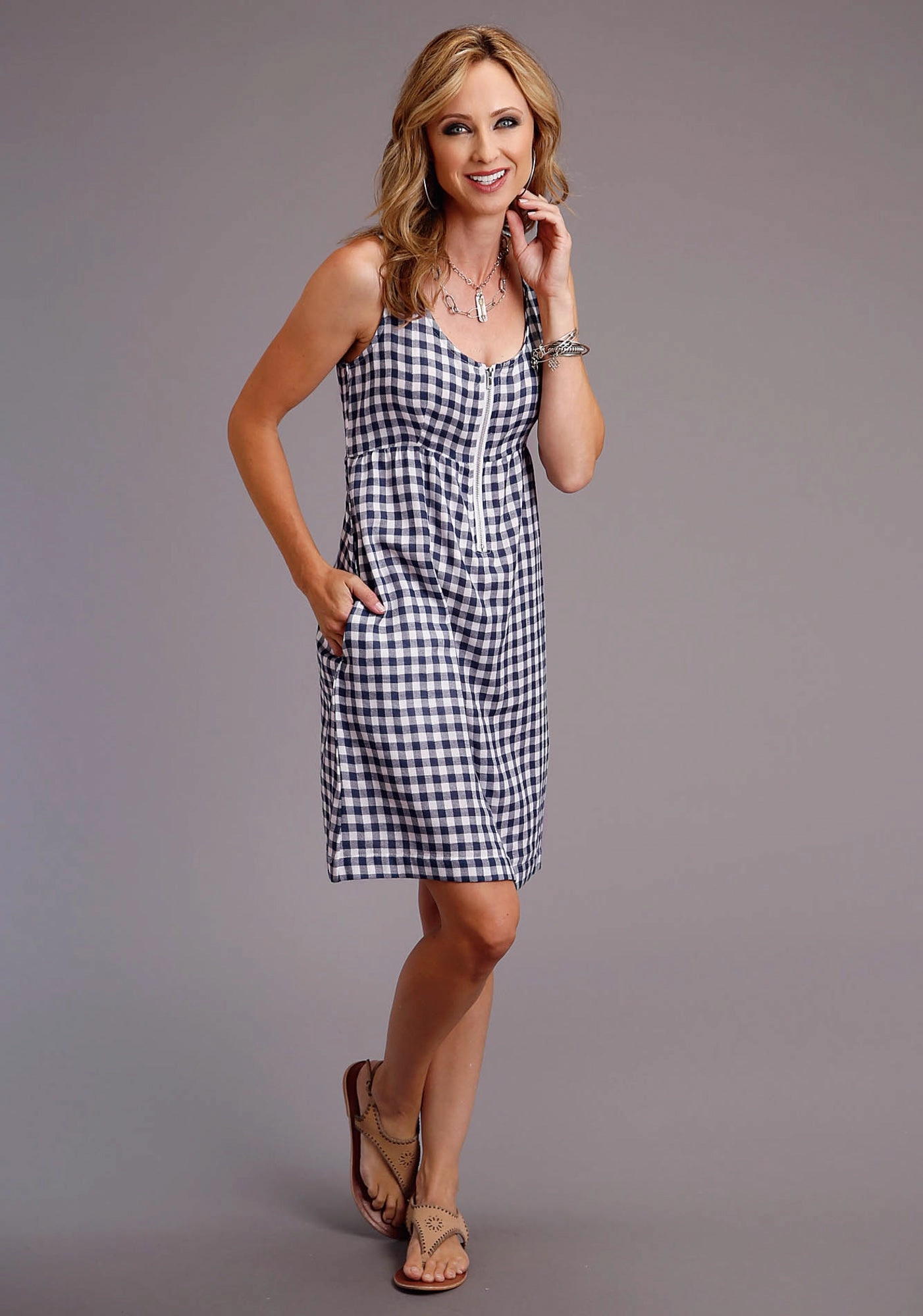 Eco Friendly Dye Stetson Womens Navy/White Cotton Blend Gingham Tank S/L Dress