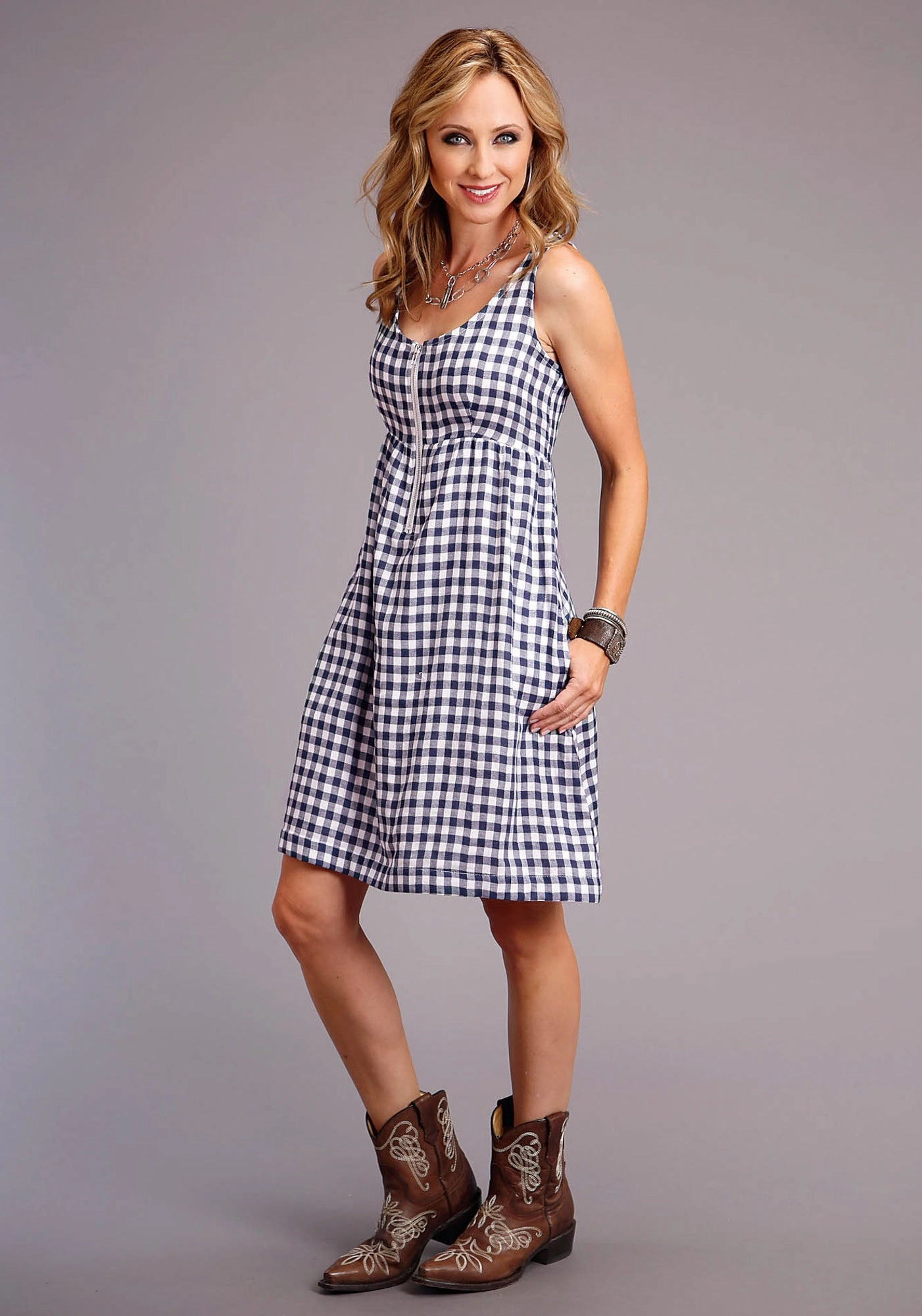 Classic Appeal Stetson Womens Navy/White Cotton Blend Gingham Tank S/L Dress