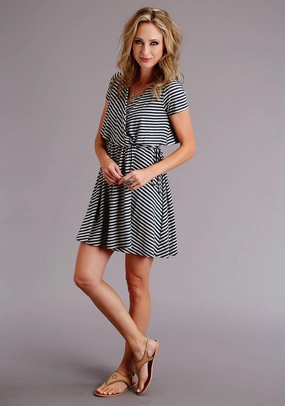Stetson Womens Navy/White Rayon Striped Wrap S/S Dress Stretch Fabric Exclusive-Design