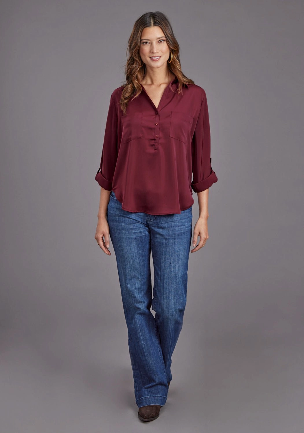 Stetson Womens Open V-Neck Wine 100% Polyester S/S Blouse Non Static Finish Dynamic Design