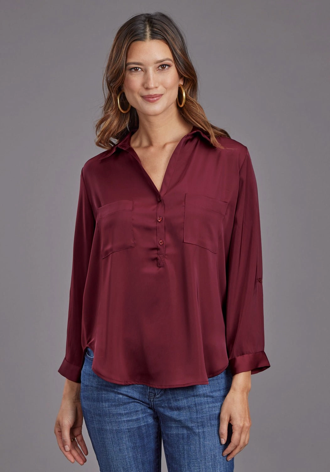 Stetson Womens Open V-Neck Wine 100% Polyester S/S Blouse Personalized Touch Gender Neutral
