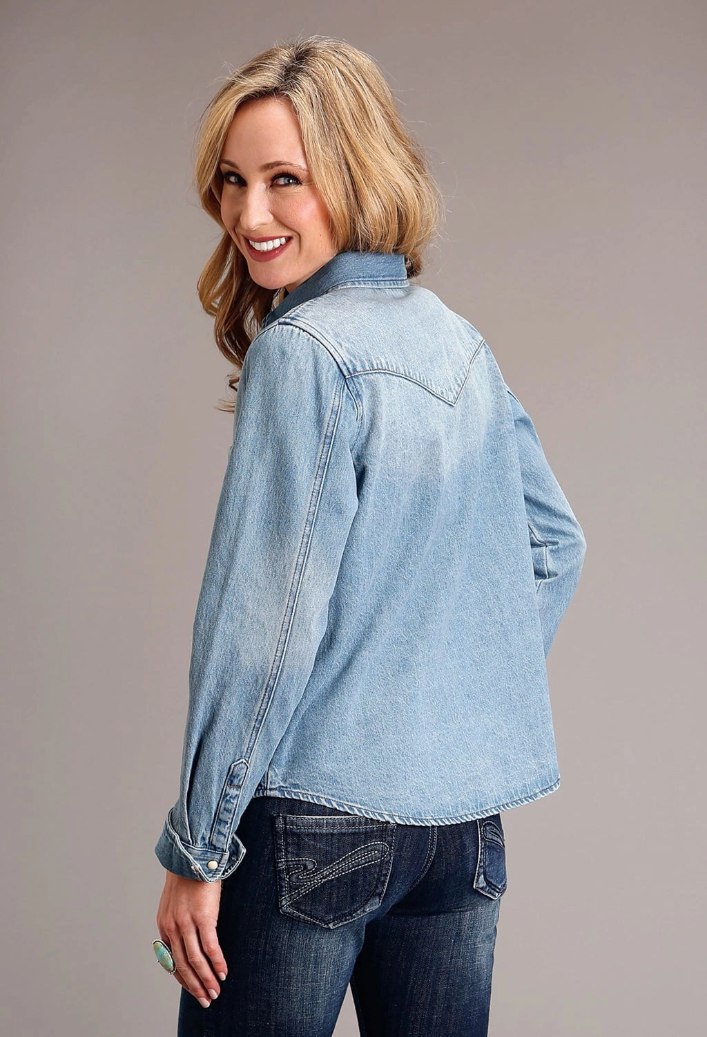 Bold Pattern Quick Dry Construction Stetson Womens Patch Pockets Blue 100% Cotton L/S Shirt