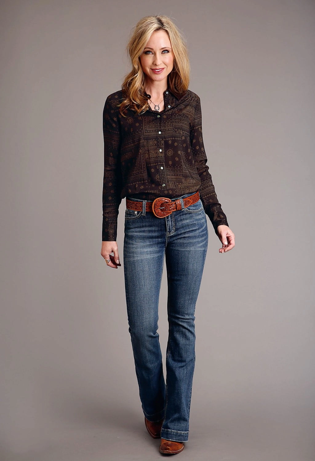 Stetson Womens Patchwork Bandana Brown 100% Rayon L/S Shirt Odor control