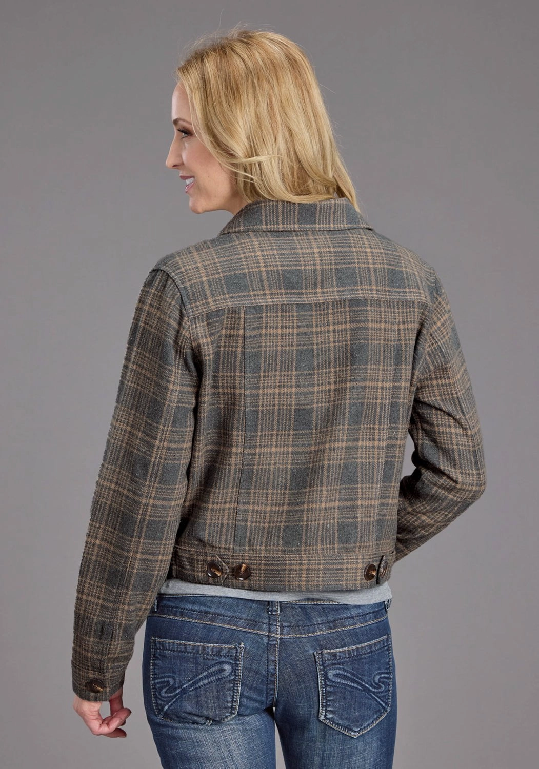 Stetson Womens Plaid Blanket Collared Grey/Khaki Poly/Wool Jacket ExpandableSideGussets Thick Fabric