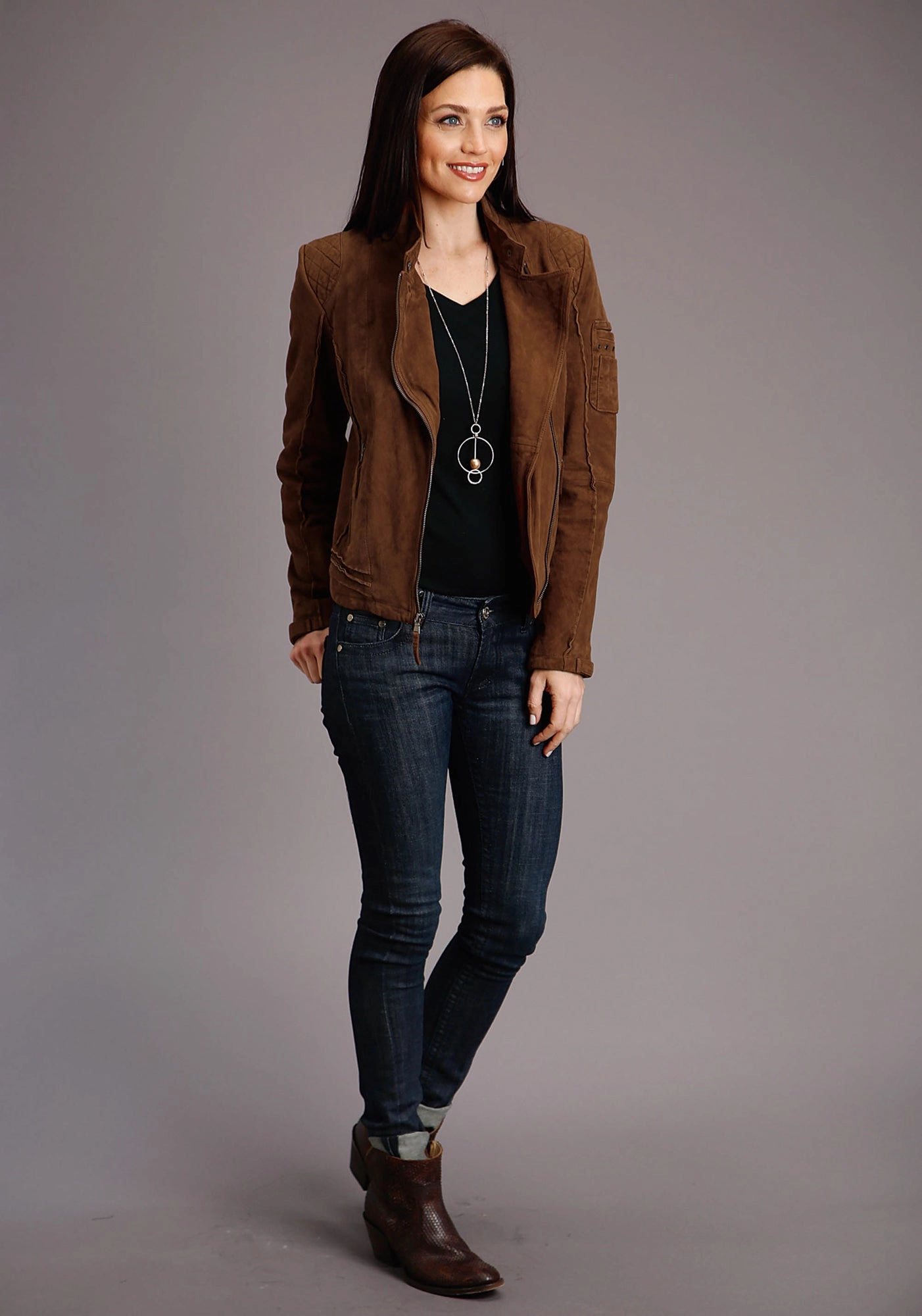 Stetson Womens Red Brown Leather Raw Motorcycle Jacket Classic Fit Cut