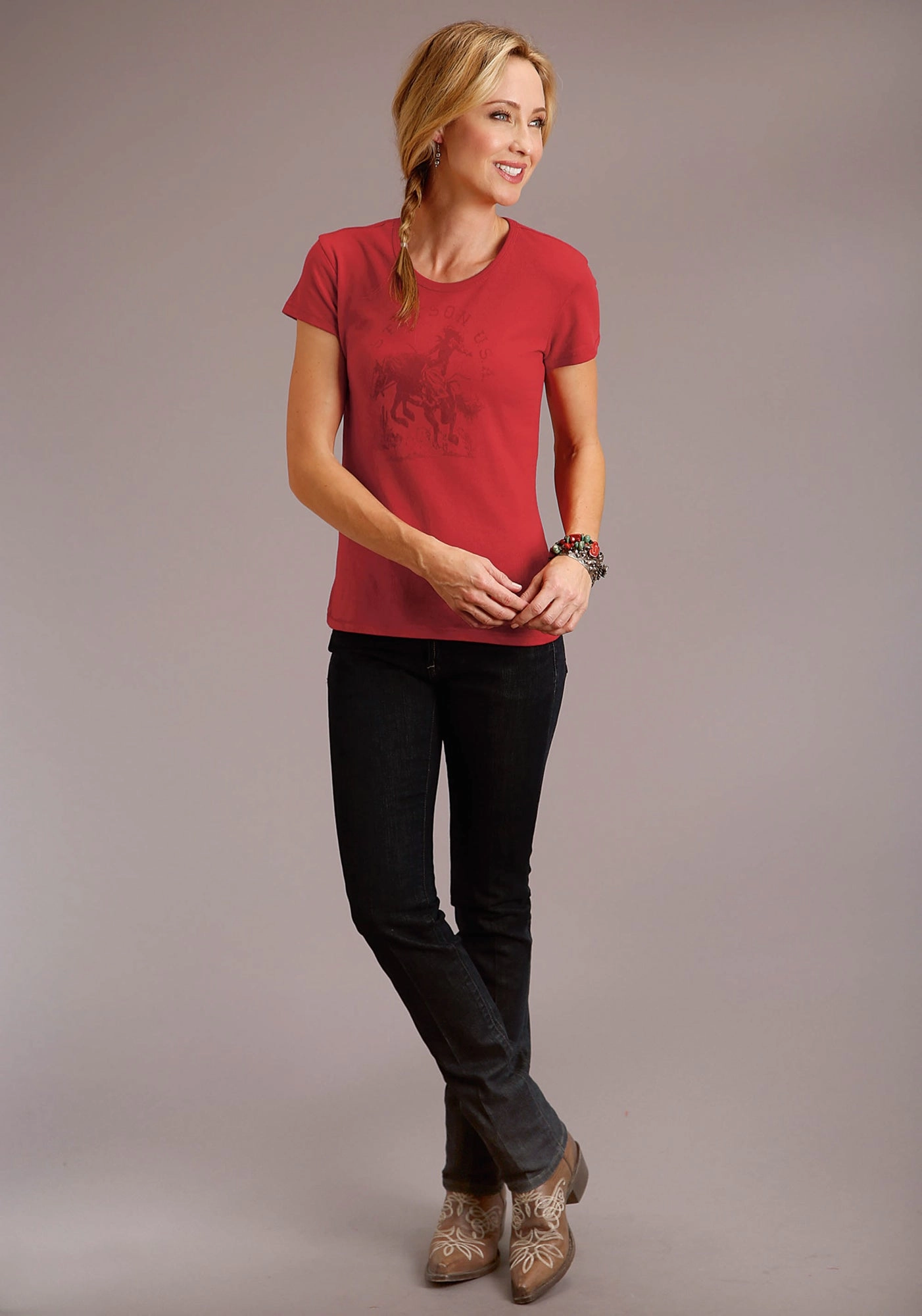 Stetson Womens Red Cotton Blend Riding Cowgirl S/S T-Shirt Polka Dot