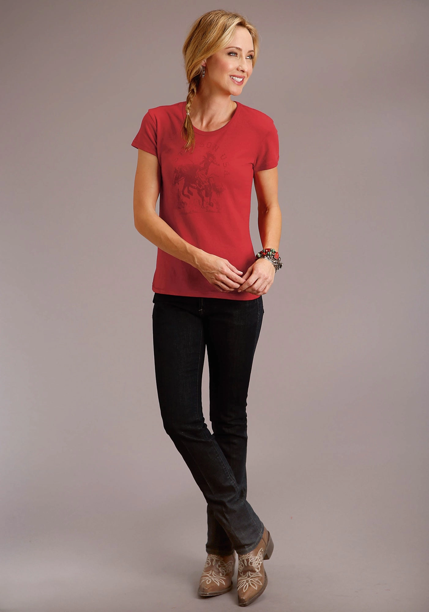 Stetson Womens Red Cotton Blend Riding Cowgirl S/S T-Shirt Flexible Shoulder Construction