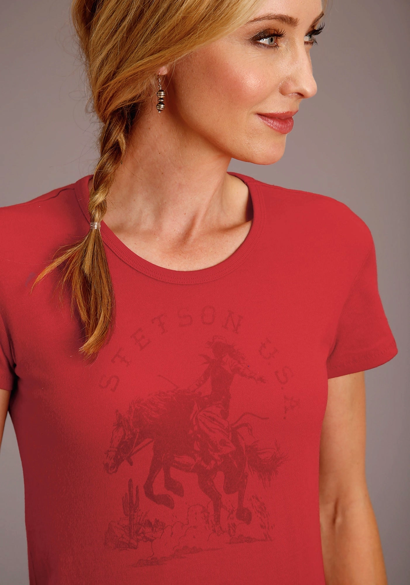 formal dinner Stetson Womens Red Cotton Blend Riding Cowgirl S/S T-Shirt