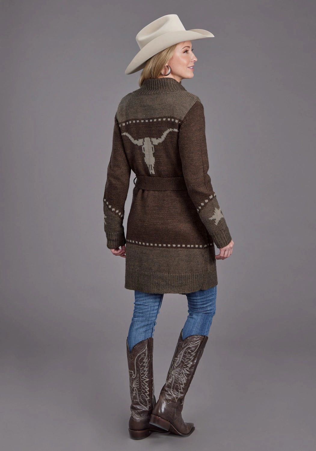 Knit Layering Chilly Comfort Look Stetson Womens Retro Belted Steer Head Brown Wool Blend Cardigan Sweater