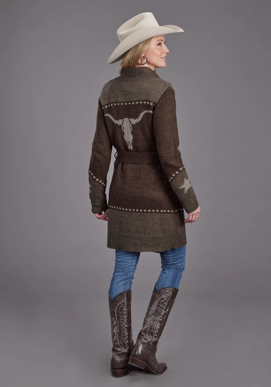 Casual Layering Light Reflective Trim Stetson Womens Retro Belted Steer Head Brown Wool Blend Cardigan Sweater
