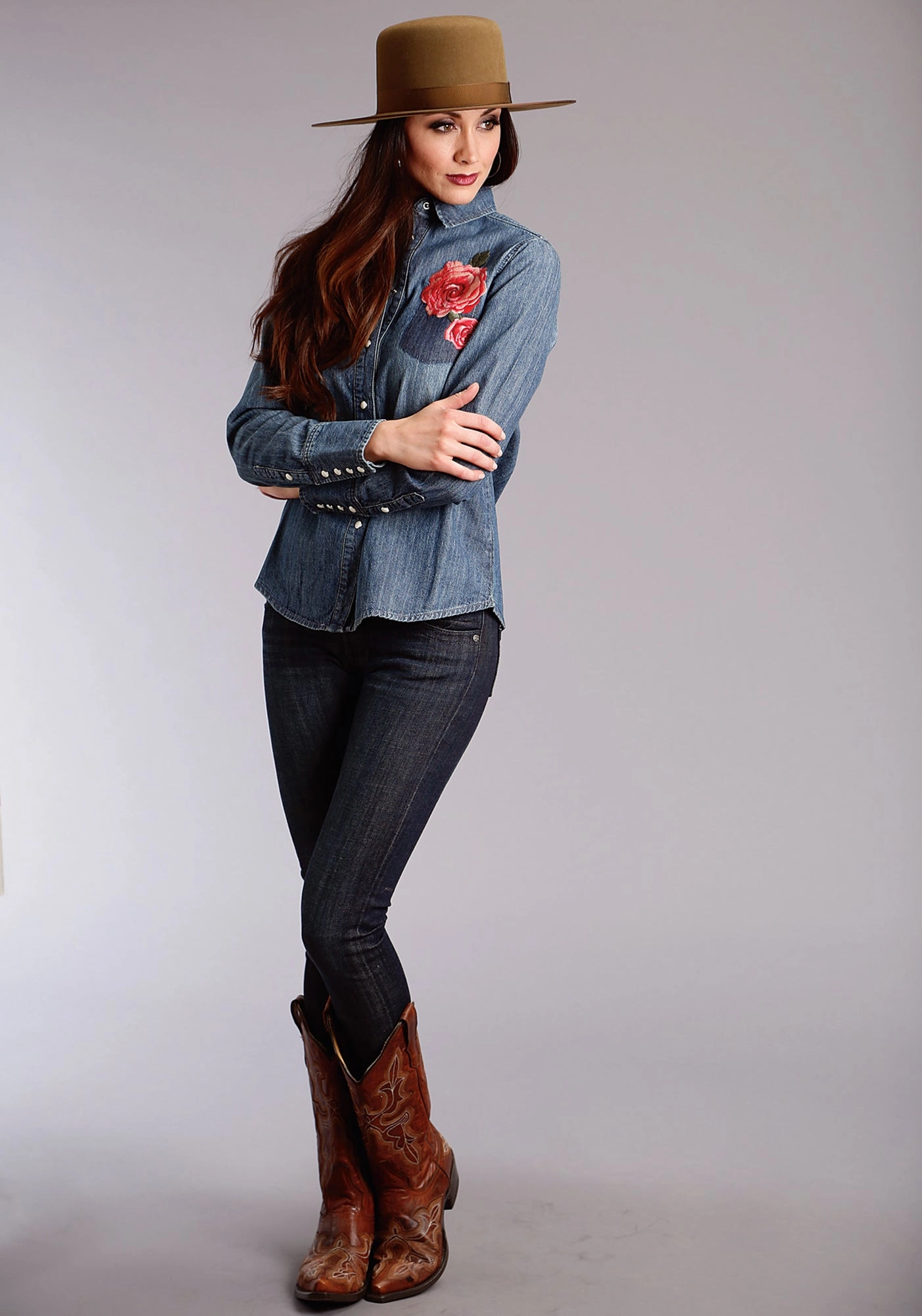 Double Needle Hemming Streetwear Stetson Womens Rose Boyfriend Fit Blue 100% Cotton L/S Shirt