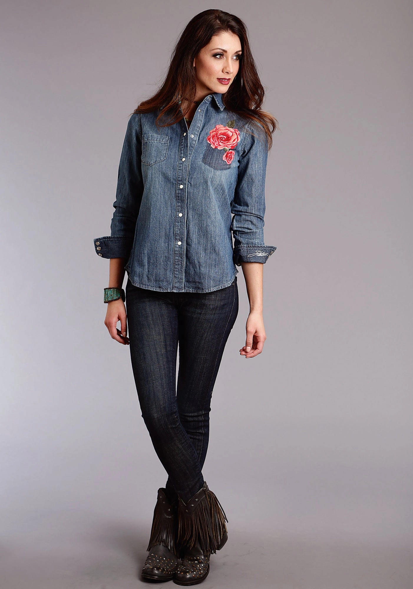 Stetson Womens Rose Boyfriend Fit Blue 100% Cotton L/S Shirt Hooded Option Student Essential