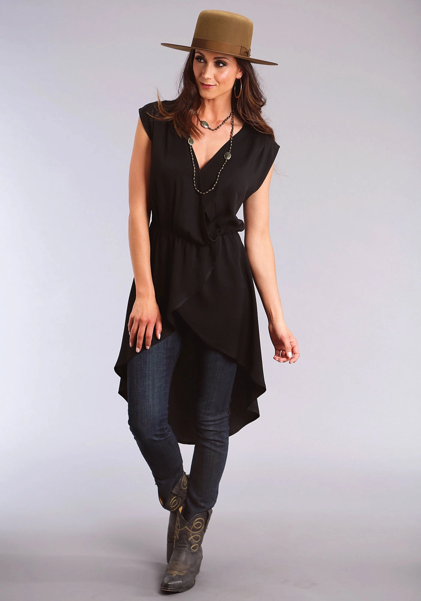 Lightweight Weave Stetson Womens Rose Cross Front Black 100% Rayon S/L Tank Top