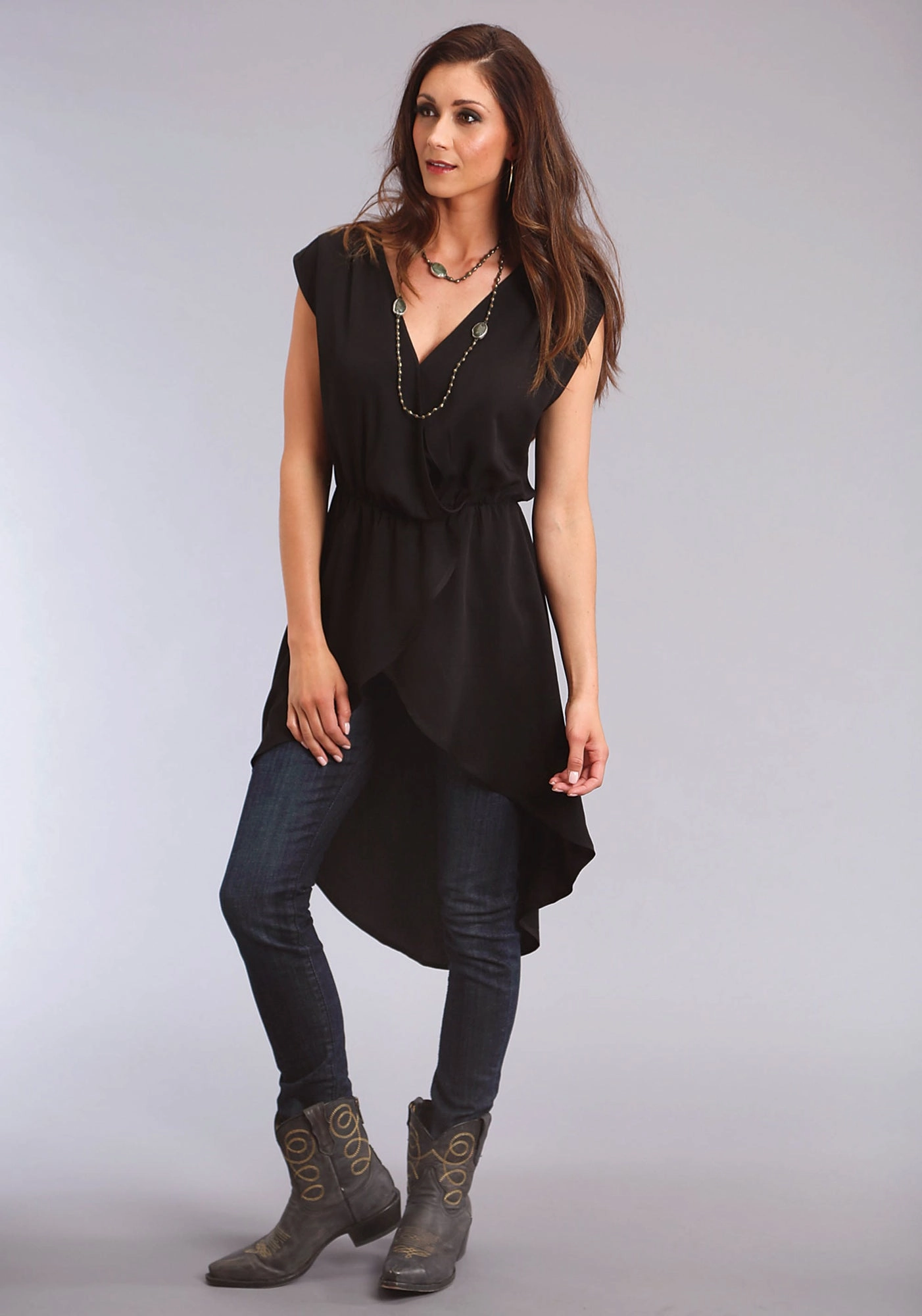 Stetson Womens Rose Cross Front Black 100% Rayon S/L Tank Top Neutral Tone Effortless Style