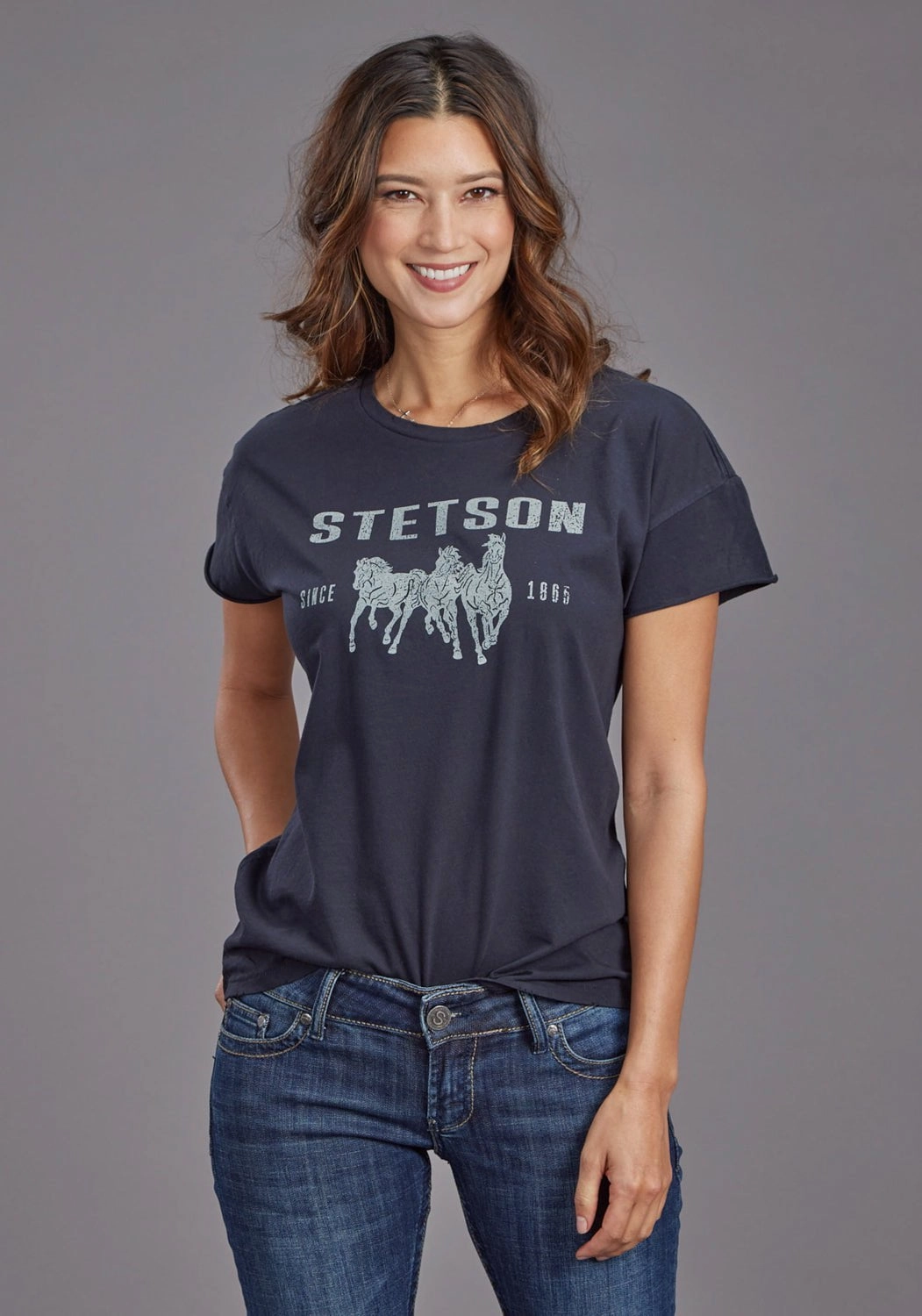Stetson Womens Running Horses Black 100% Cotton S/S T-Shirt Sleeveless Cut Workwear Ready