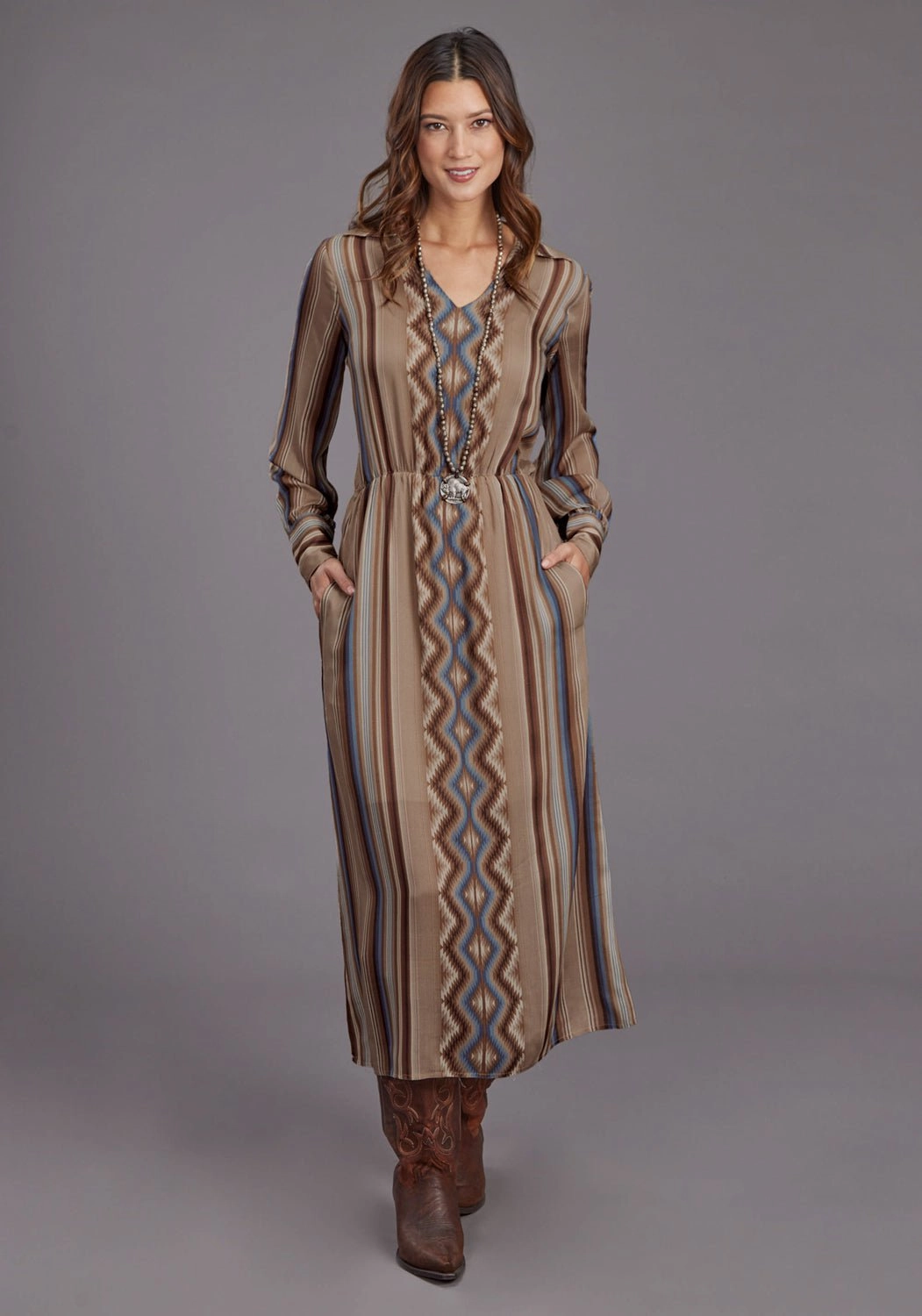 Daily Casual Style Mood Wear Stetson Womens Serape Herringbone Sand 100% Rayon L/S Dress